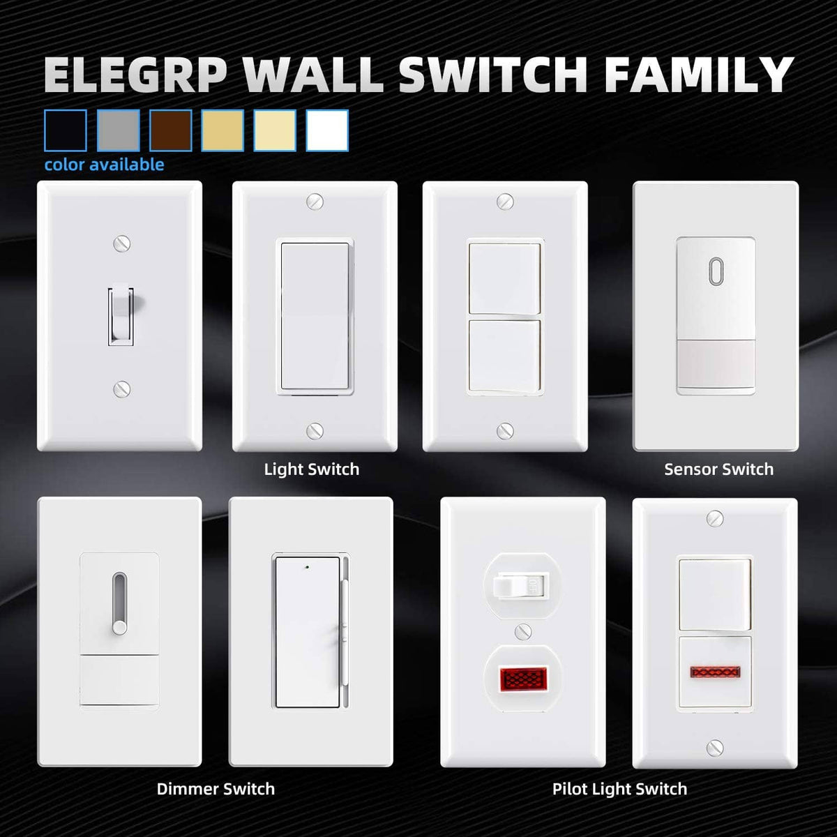 Glossy white wall switch family with various face designs and multi-gang layouts