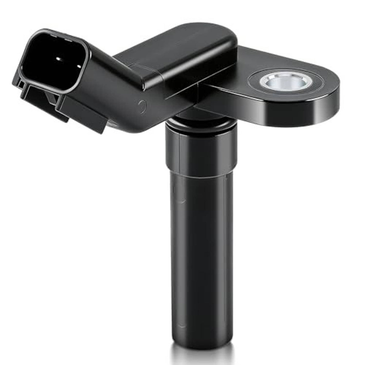 Black crankshaft position sensor with angled 2-pin electrical connector and mounting tab