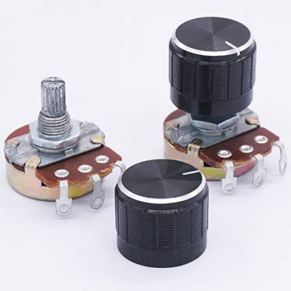 Single-turn potentiometers with black knobs and brown circular bases with terminals