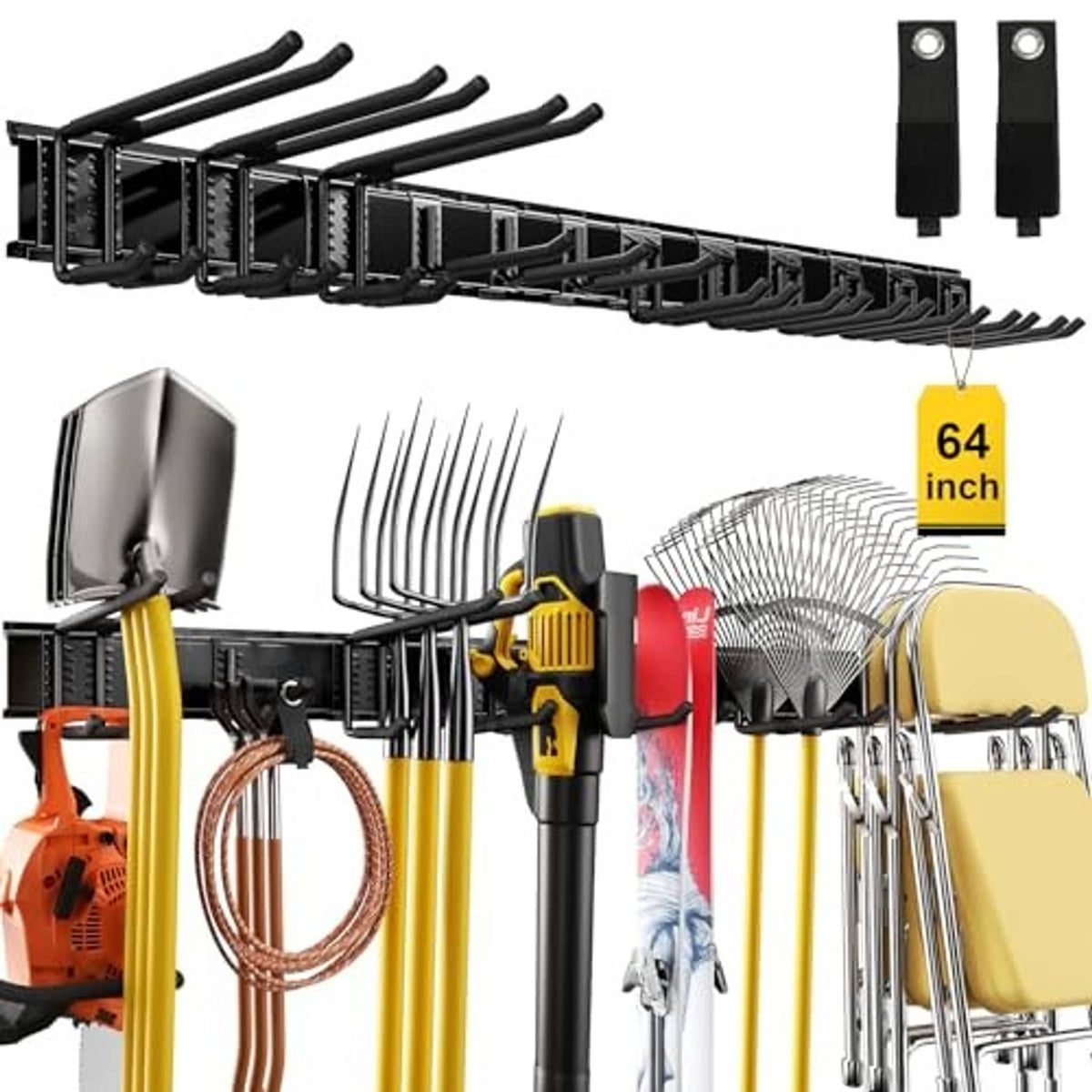 Black steel wall tool organizer with long rail, curved hooks, and hanging accessories