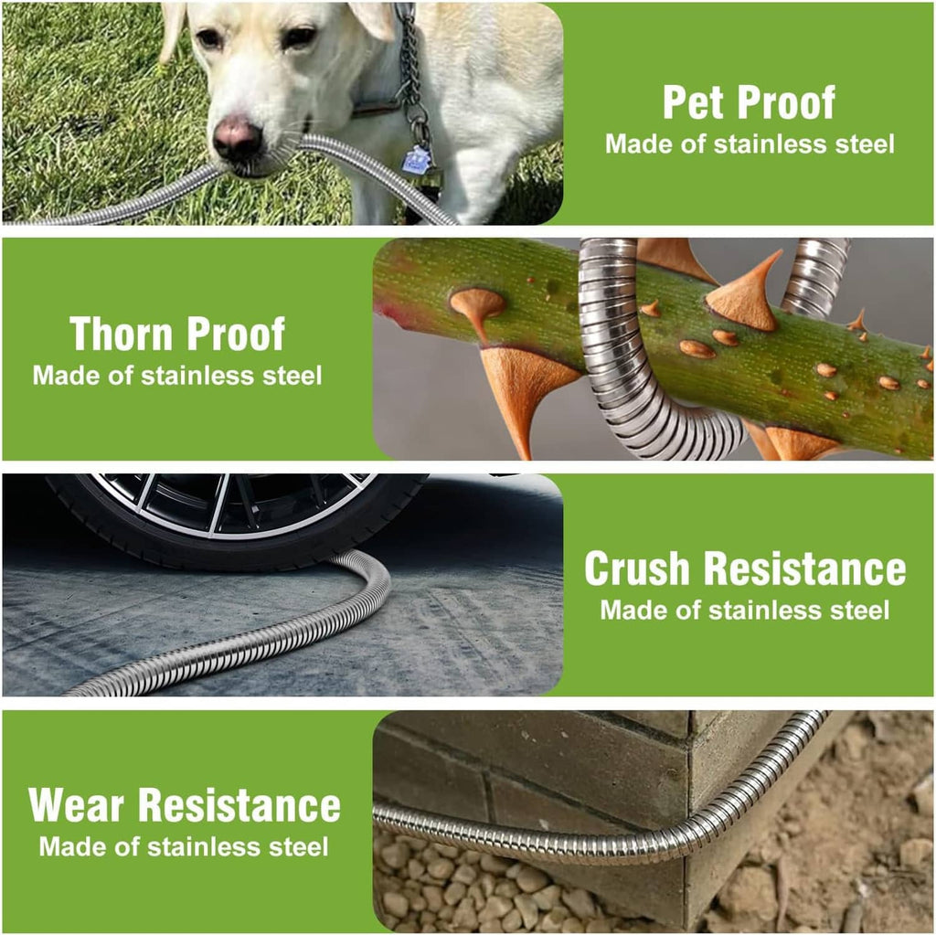 Stainless steel hose durability closeups with thorn-, crush-, and wear-resistance