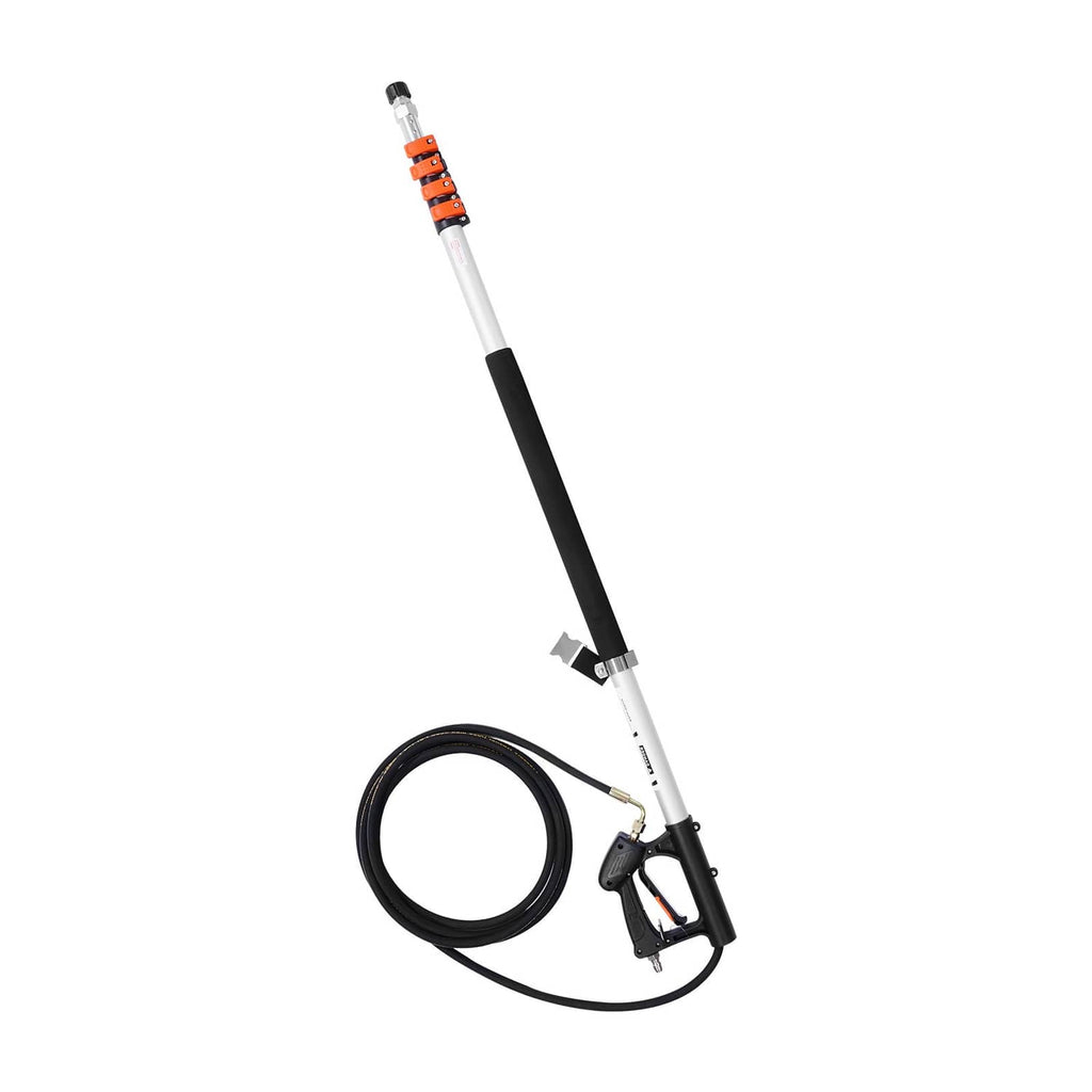 Telescoping pressure washer wand with brush attachment, orange-and-black handle