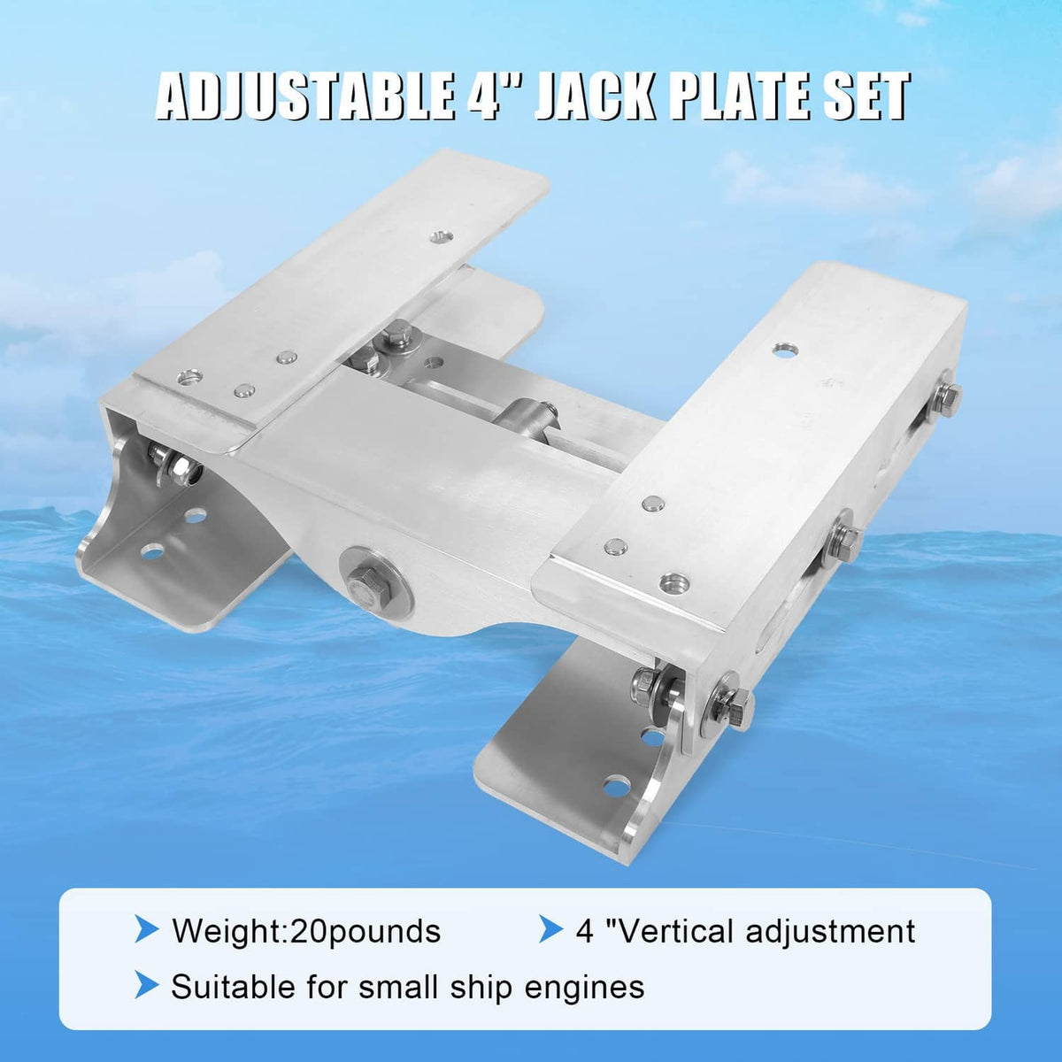 Adjustable 4-inch jack plate set with U-shaped mounting brackets and lift assembly, silver