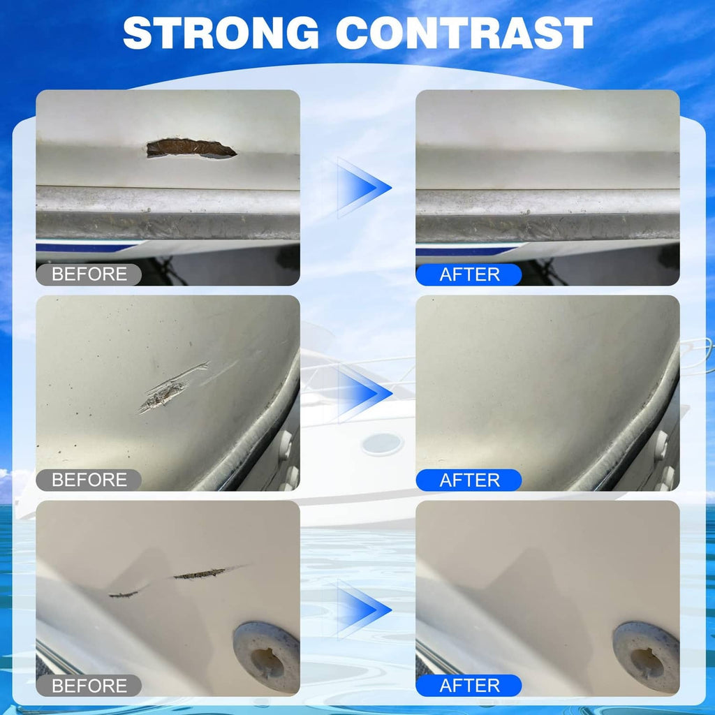 Marine fiberglass repair kit before-and-after of smooth white surface patch