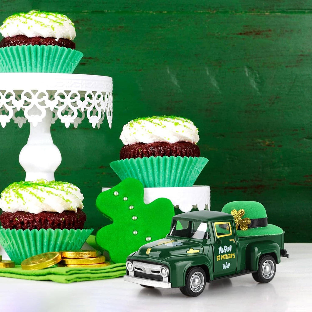 Green mini die-cast pickup with green hat topper and St. Patrick's Day print