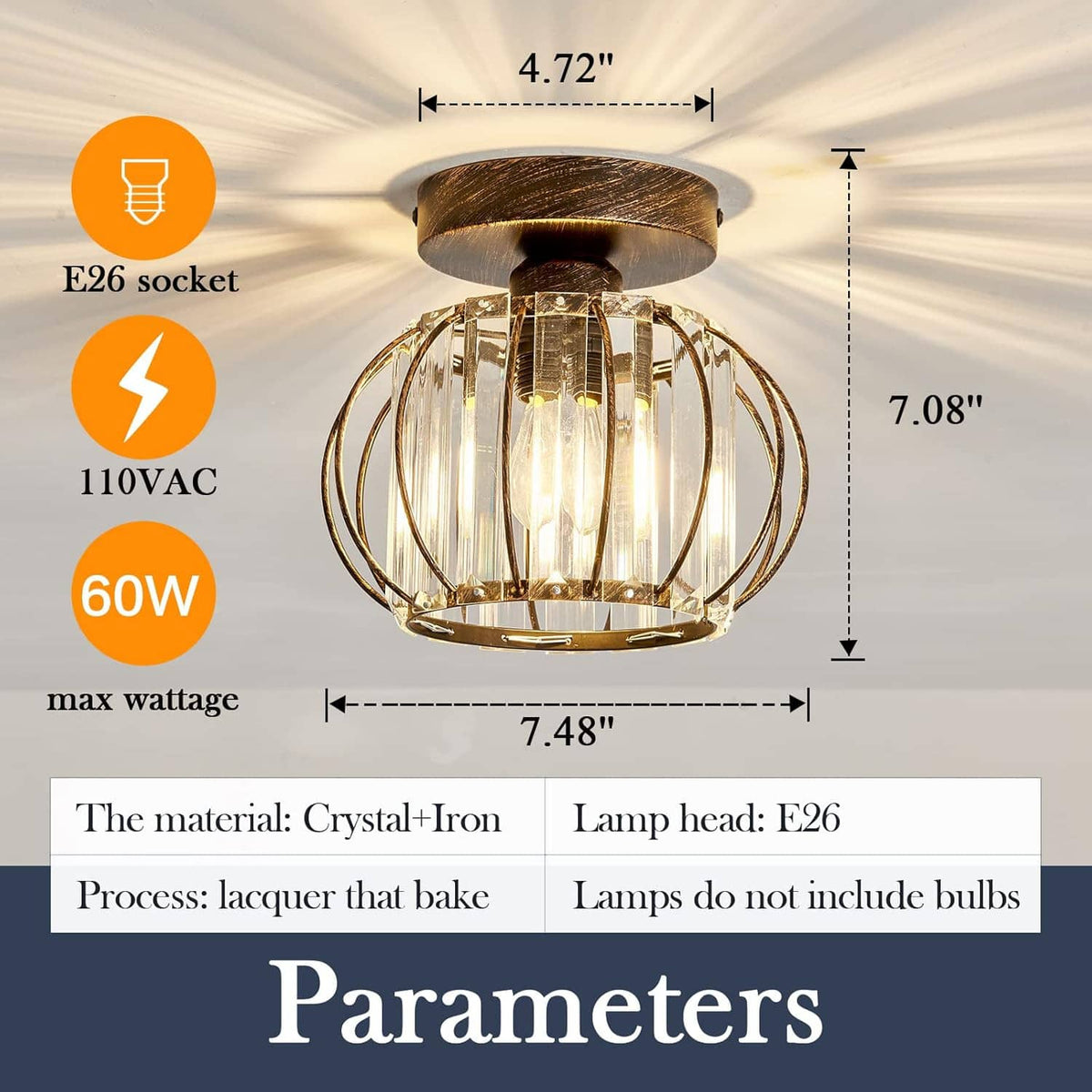 Oil-rubbed bronze semi-flush ceiling light with clear crystal prismatic glass shade