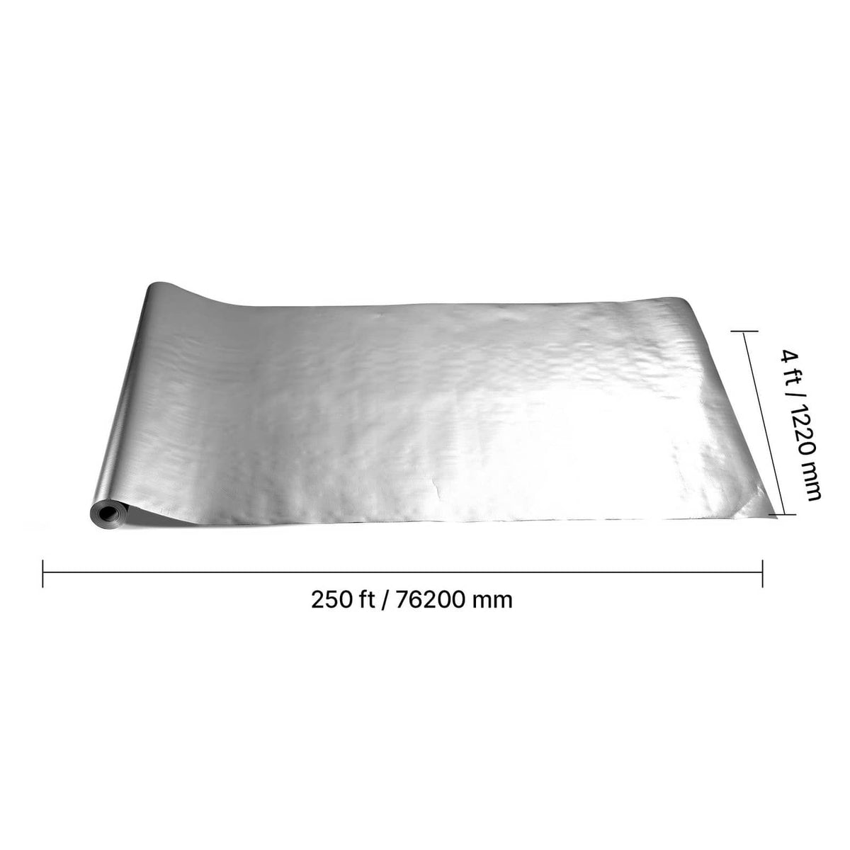 Perforated radiant barrier insulation roll shown flat, smooth silver-gray reflective foil