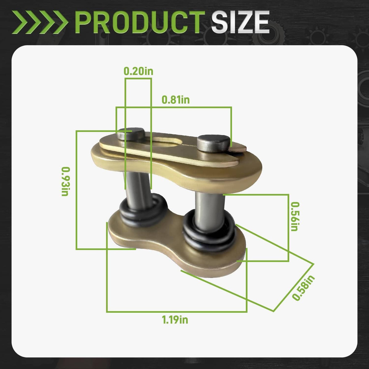 Gold chain master link with two silver pins and O-ring sealing plates