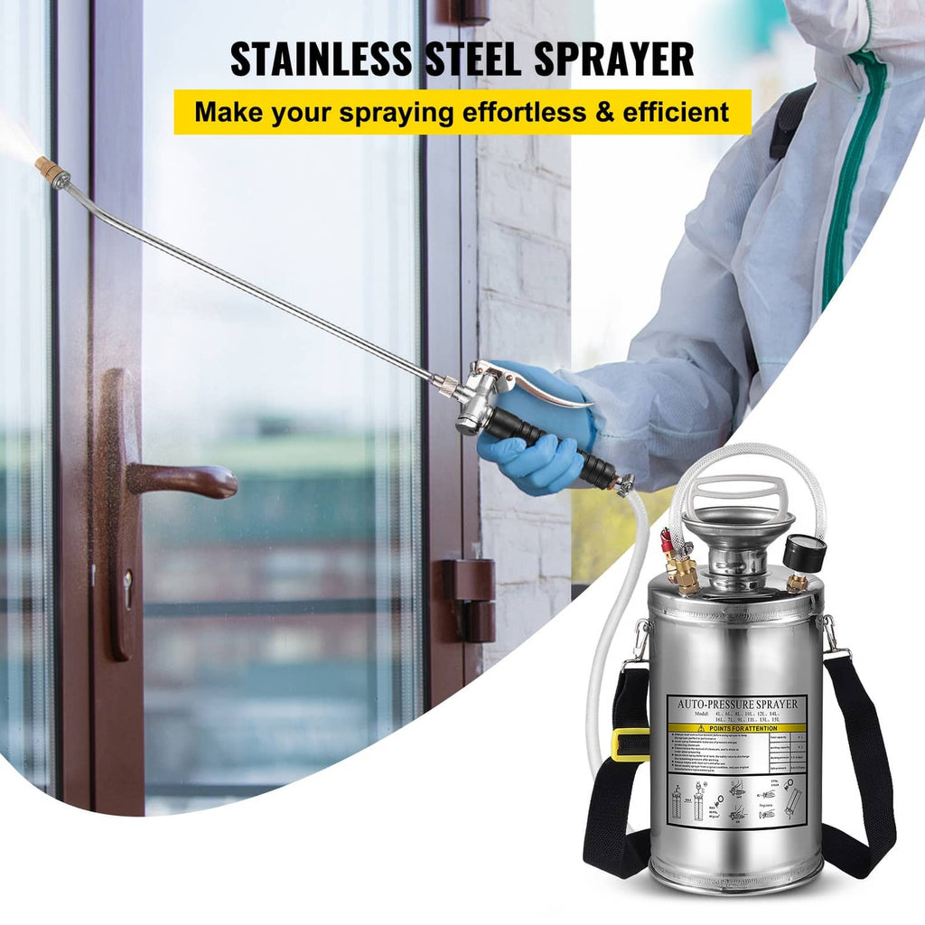 Pressure sprayer with long metal extension wand and hose for spraying hard surfaces