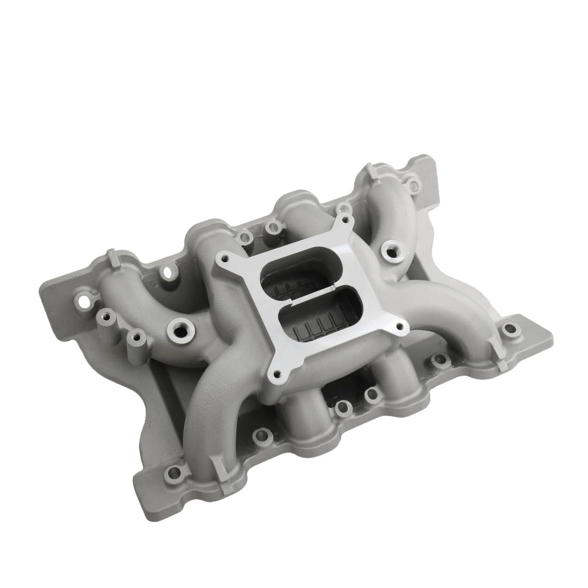 Grey engine intake manifold with dual black openings and surrounding mounting hardware