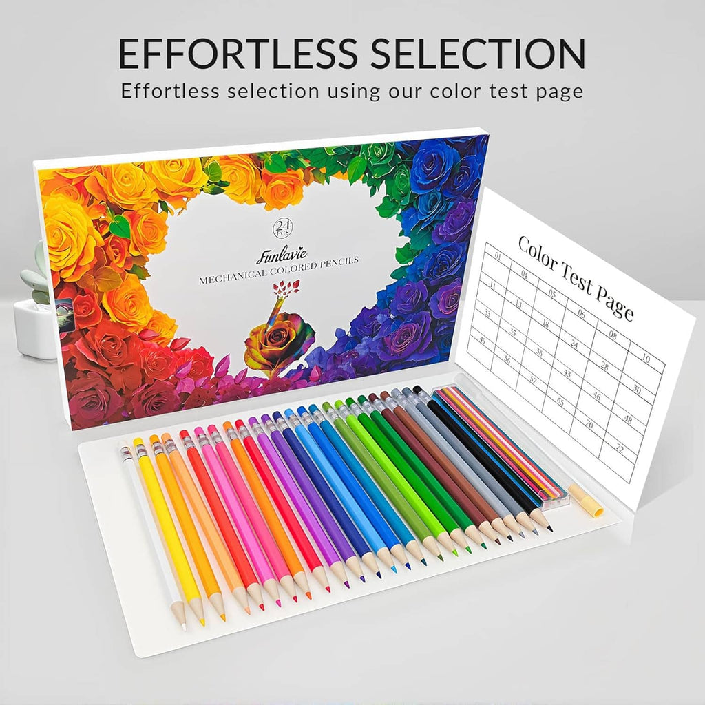 Mechanical colored pencil set with color test page and neatly arranged pencil rows