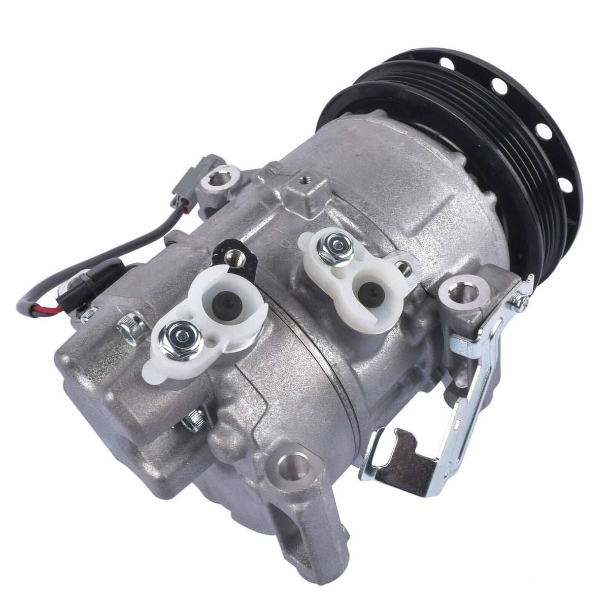Silver A/C compressor with black pulley and electrical connectors, metal housing.