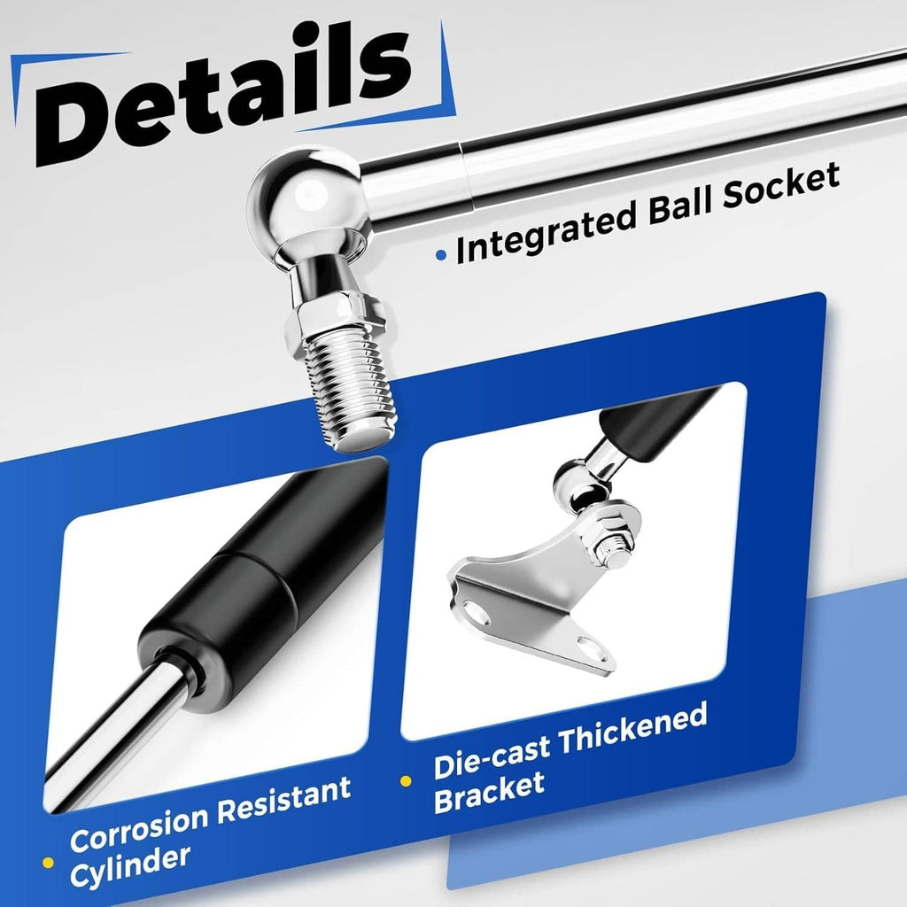 Lift strut details: corrosion-resistant black cylinder, die-cast bracket, ball socket