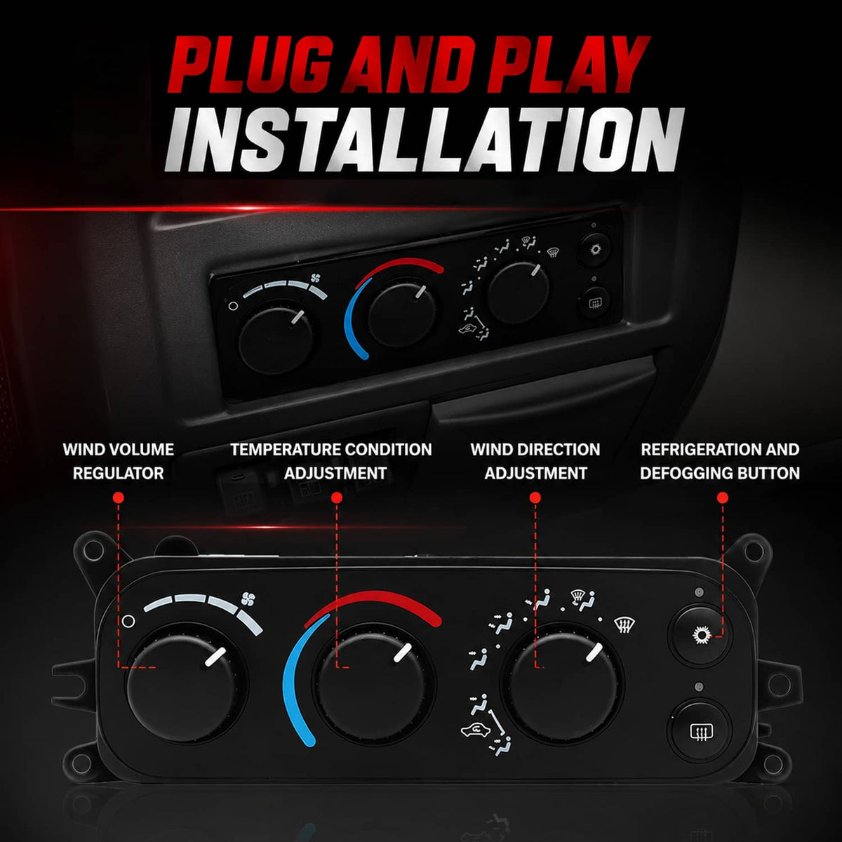 A/C heater climate control module dashboard control panel with three knobs and function buttons