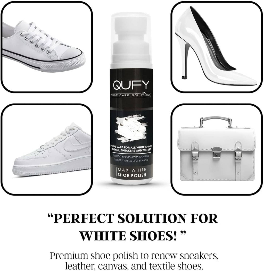 QUEFY white shoe polish bottle with usage icons for shoes and bags