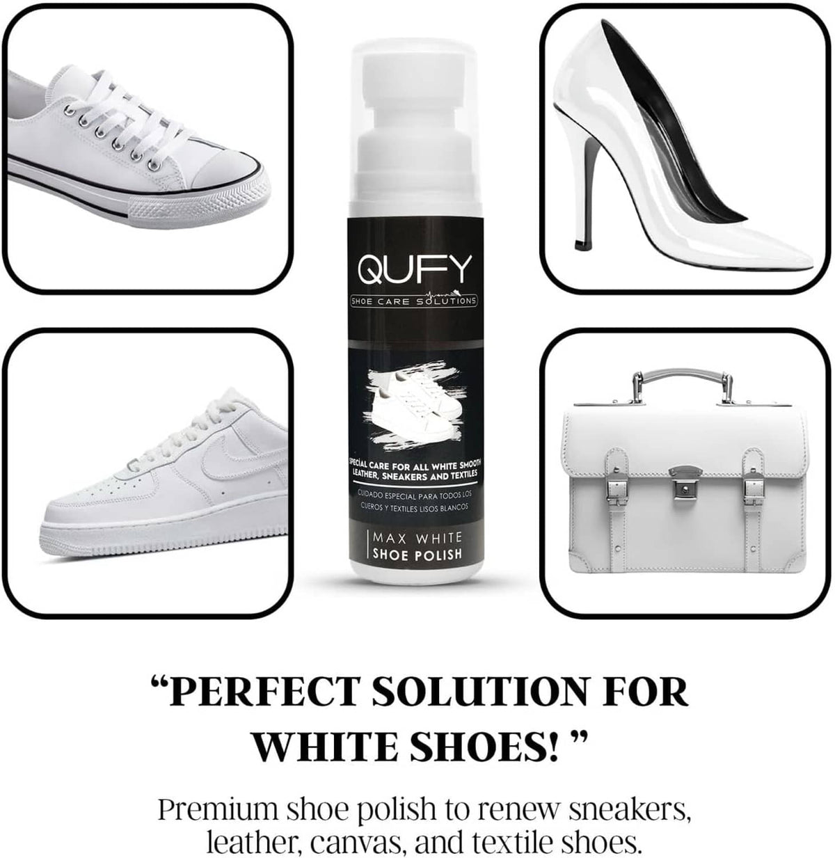 QUEFY white shoe polish bottle with usage icons for shoes and bags