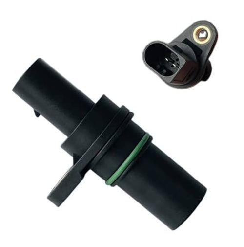 Crankshaft sensor angled view, black connector housing with green seal ring and tab