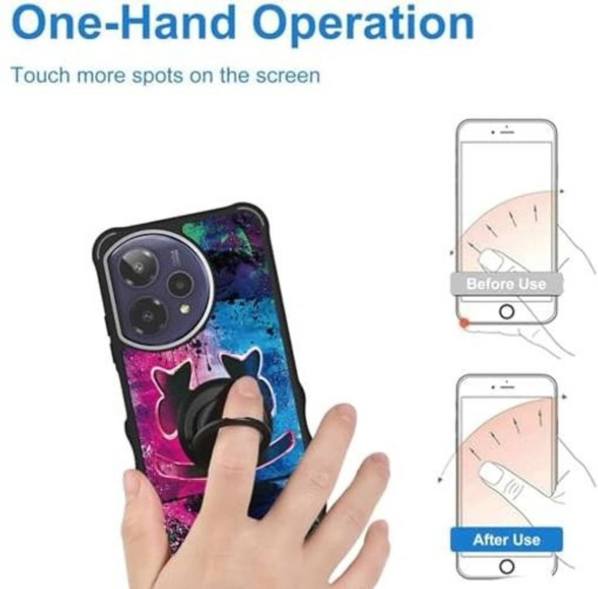 Phone case with neon cat graffiti design and thick protective grip for easier one-hand use
