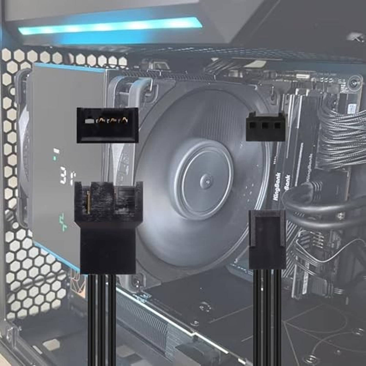 Fan adapter cable connected to a motherboard fan header near a CPU cooler