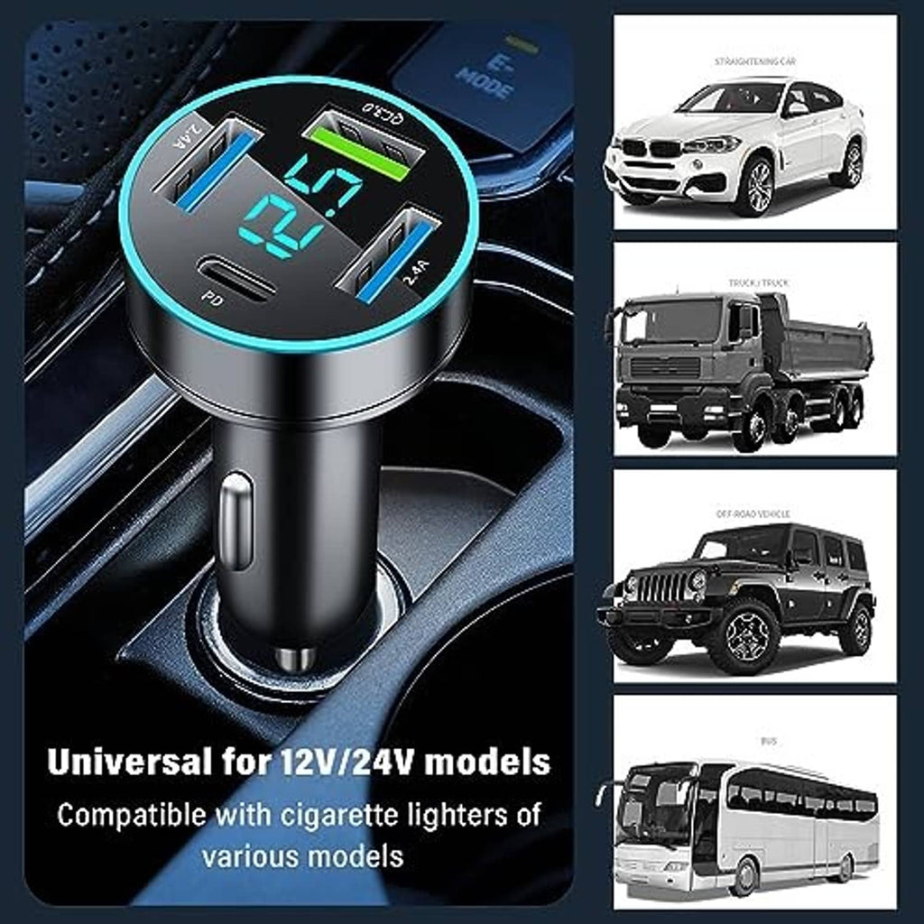 Universal car phone charger with LED voltage screen and multi-USB ports
