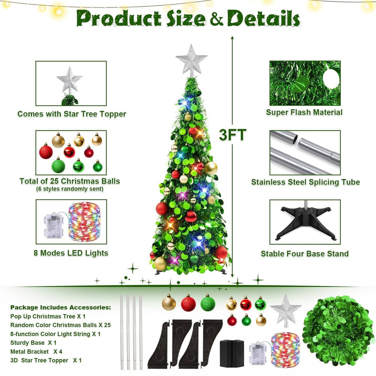 3ft collapsible tinsel Christmas tree kit diagram with star topper and multicolor LED lights