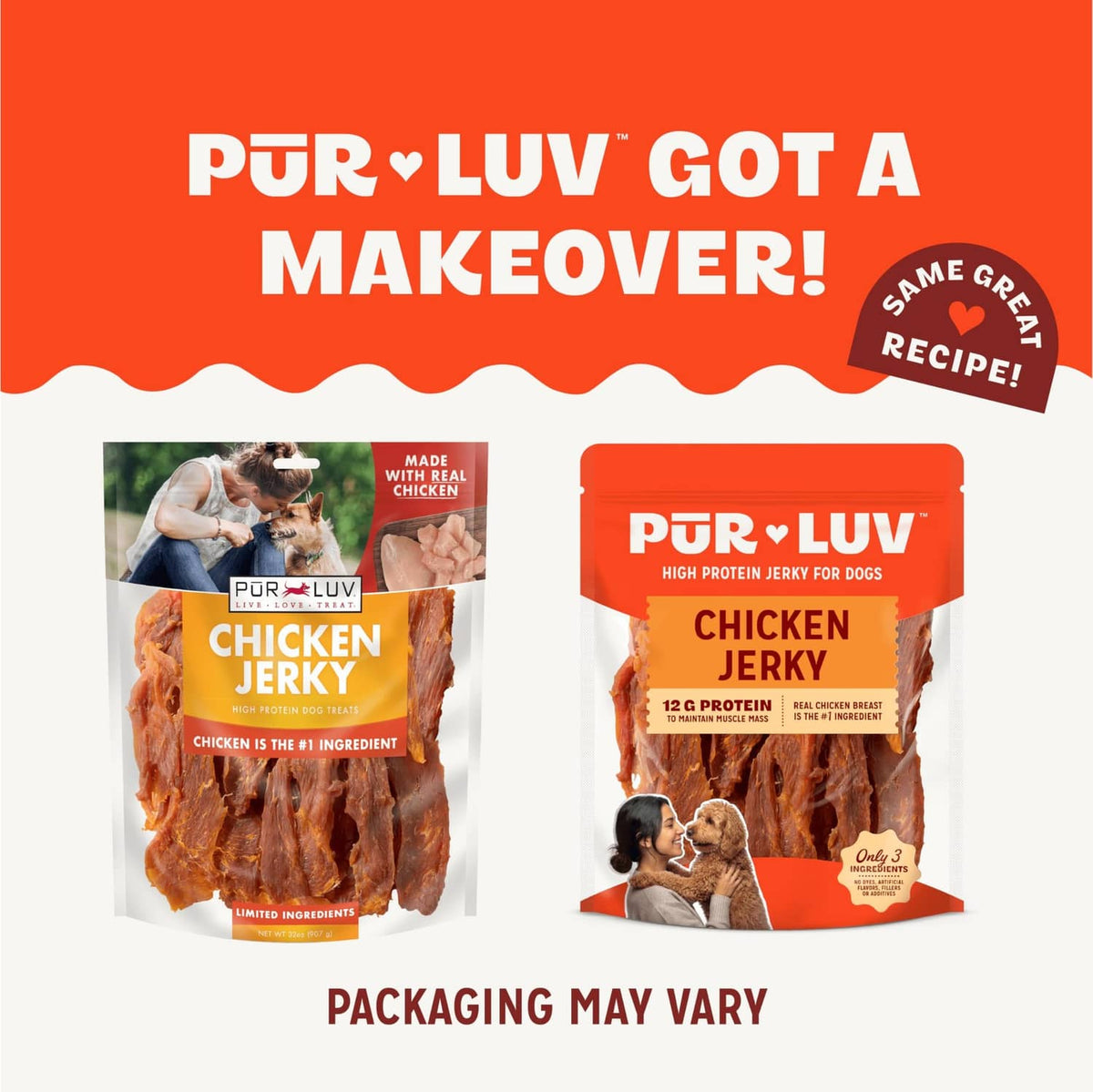 Pur Luv chicken jerky dog treats, orange pouch showing 'packaging may vary'