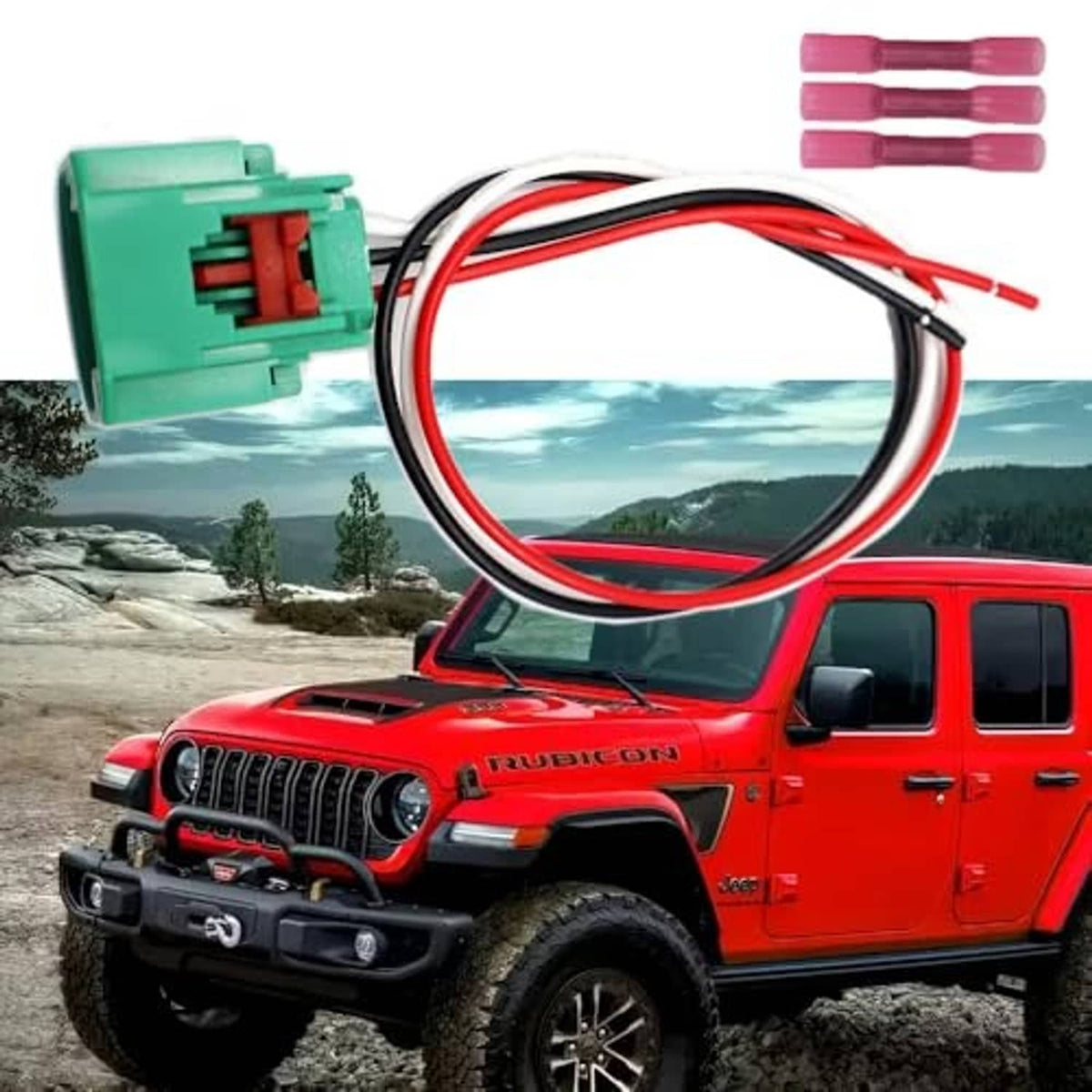 Headlight connector harness with green plug and red/black wires, pink terminals included