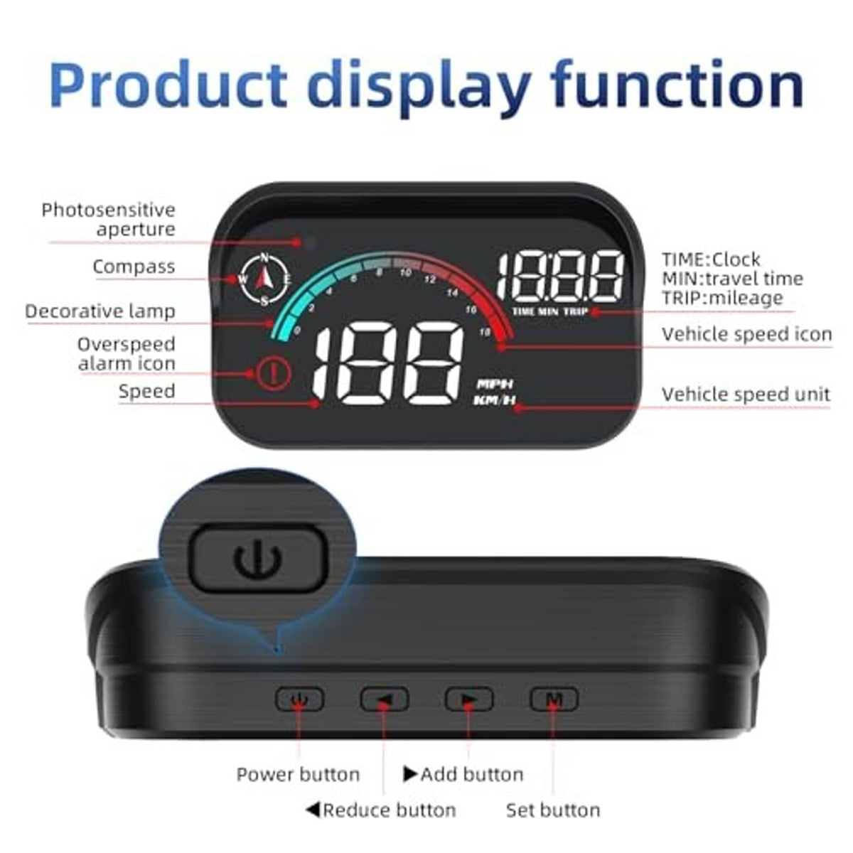 GPS HUD speedometer with front display and bottom power button and control switches
