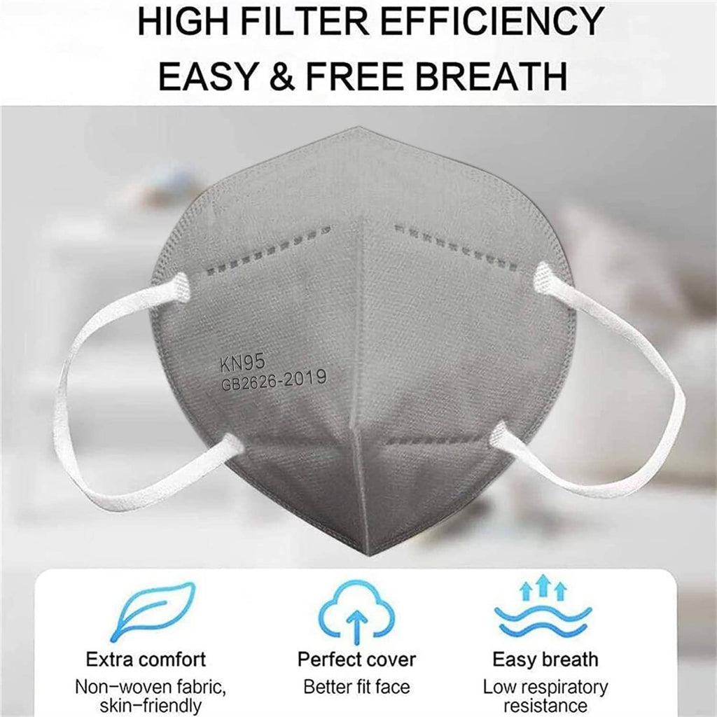 Grey KN95 style respirator mask with V-fold pleats and ear loops, front view