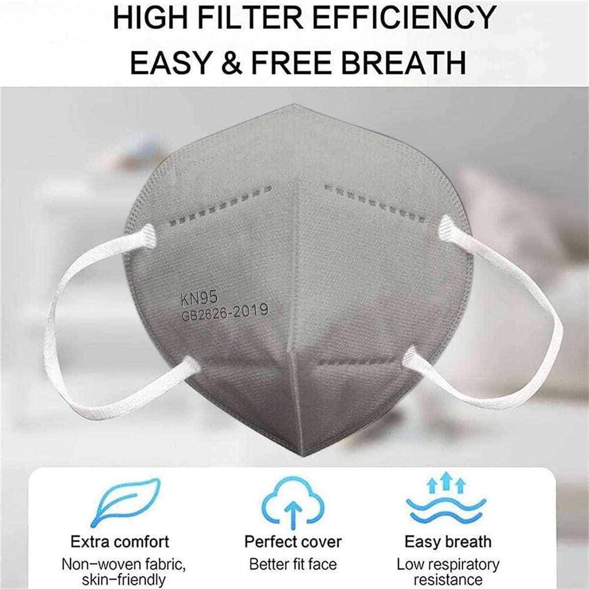 Grey KN95 style respirator mask with V-fold pleats and ear loops, front view