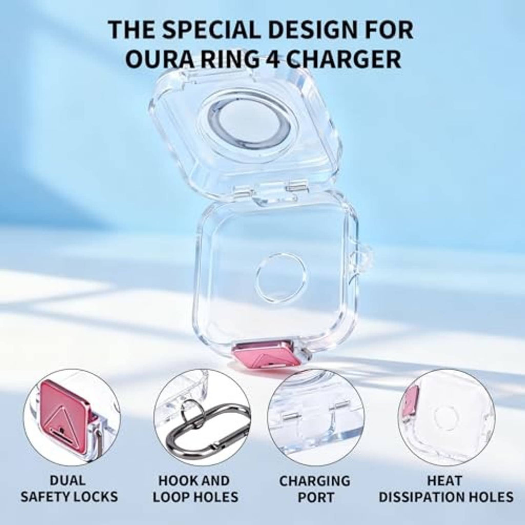 Clear charger case with open lid, red charging port, and black carabiner keychain