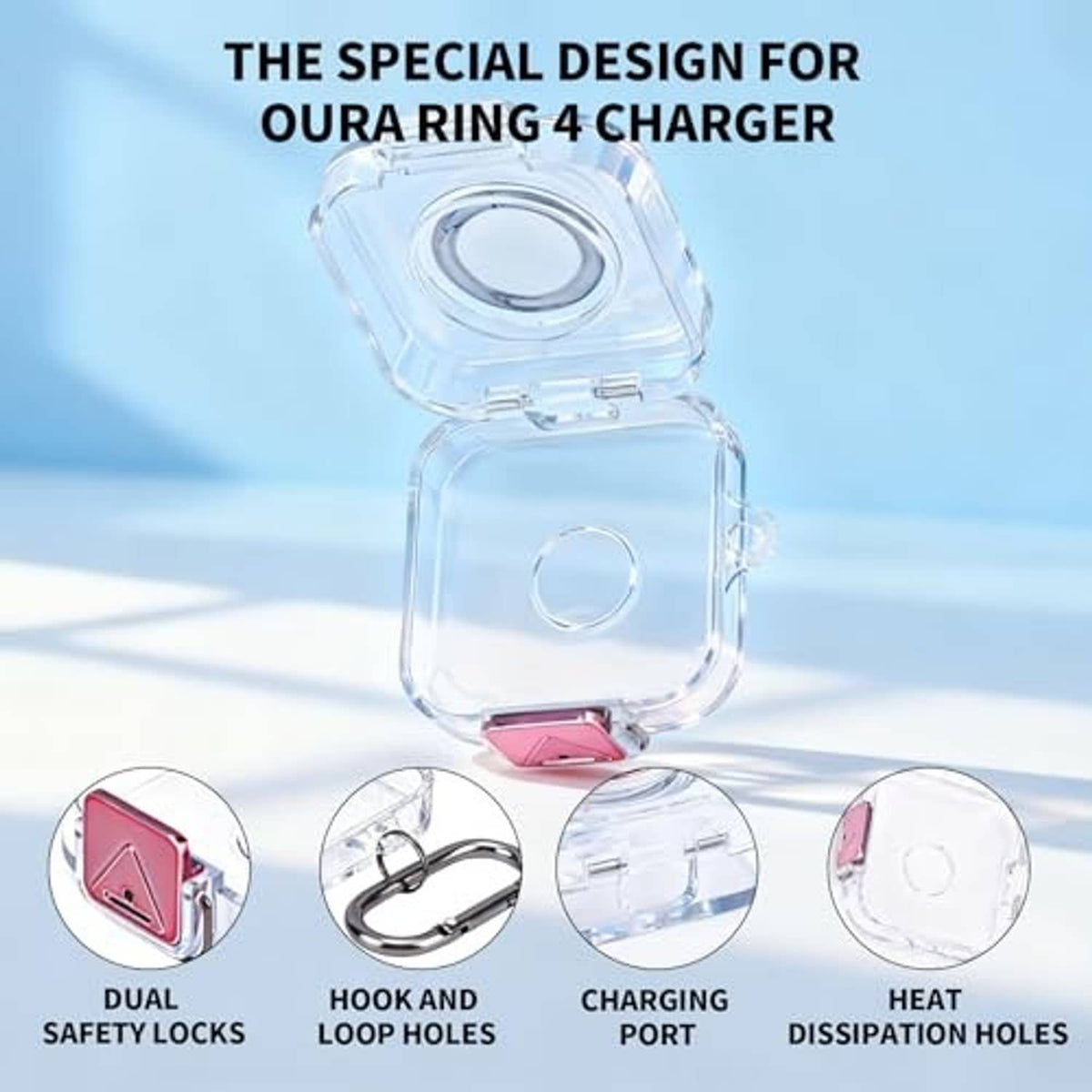 Clear charger case with open lid, red charging port, and black carabiner keychain