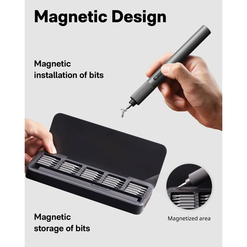 Precision electric screwdriver and magnetic bit storage tray with bits in slots