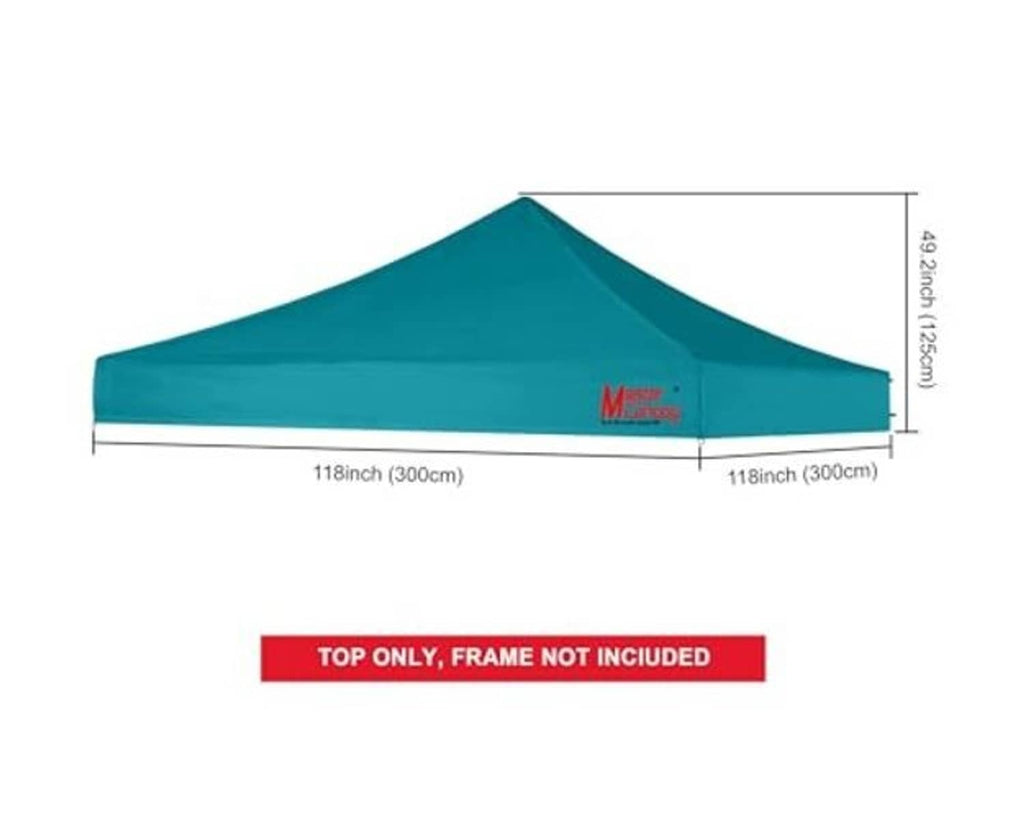 Turquoise canopy top with size dimensions labeled; top only, frame not included