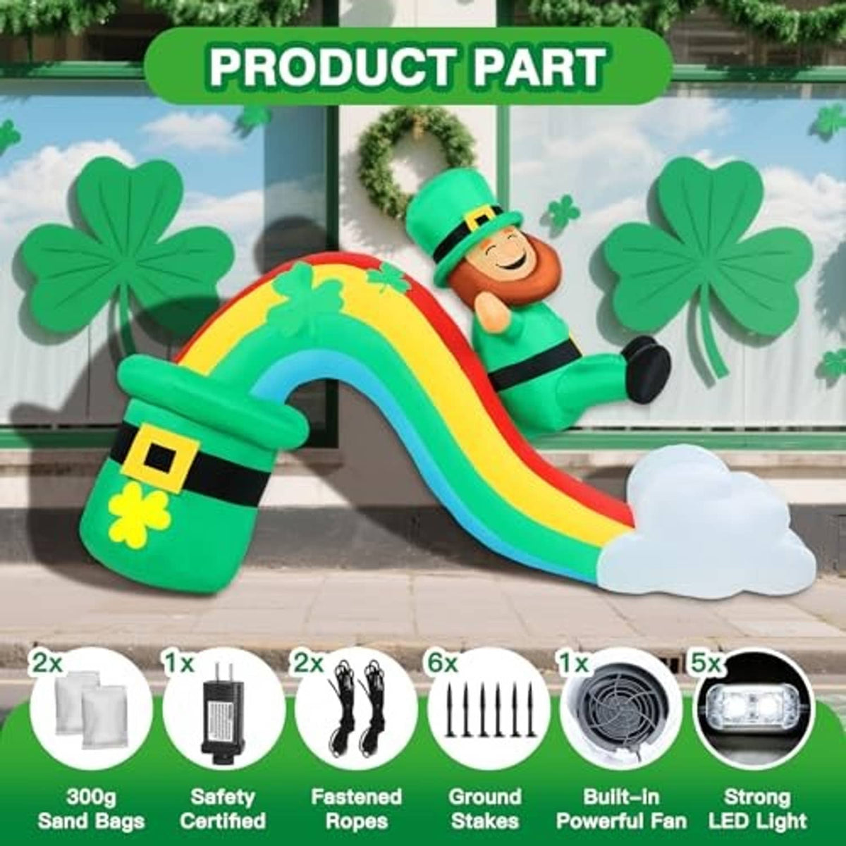 Rainbow inflatable slide with leprechaun, clover accents, and white cloud base
