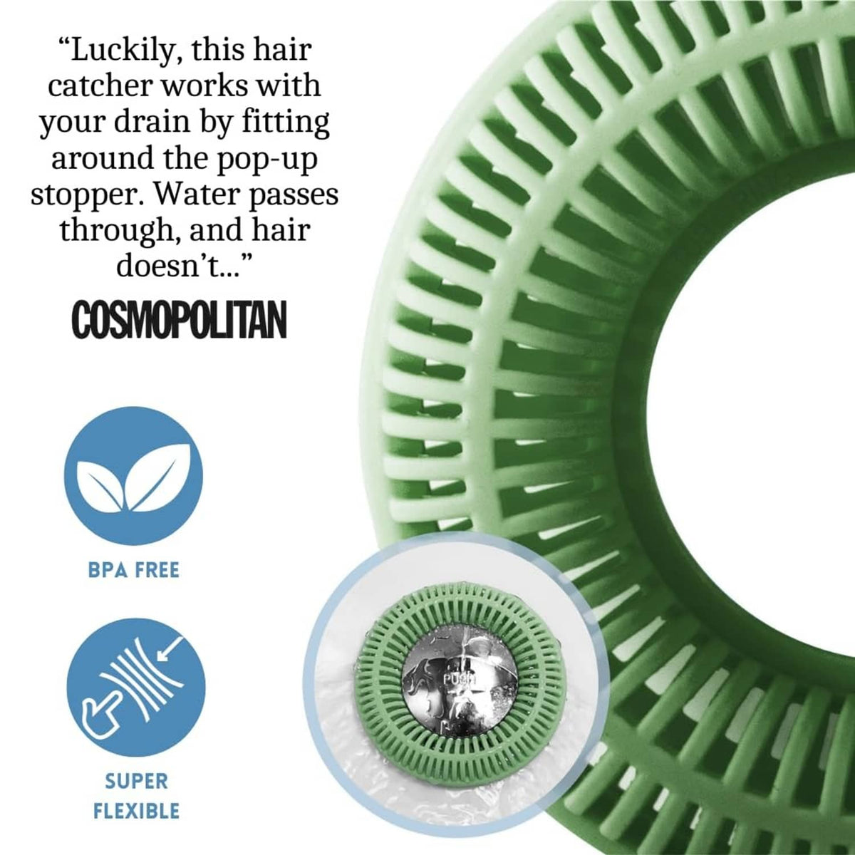 Close-up of sage green flexible hair catcher ring with central metal filter
