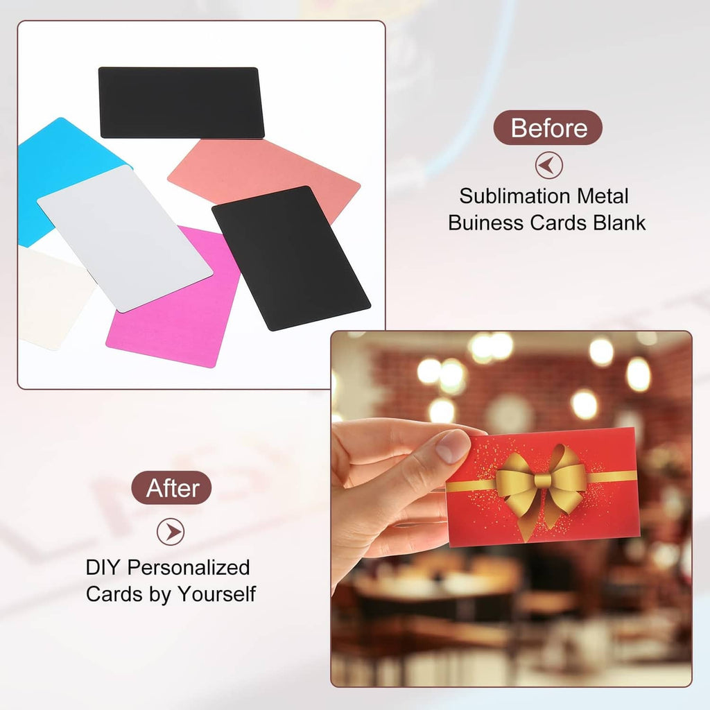 Assorted blank blue metal business cards for DIY personalization.