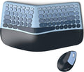 Blue split ergonomic keyboard with dark wrist rest and wireless vertical mouse