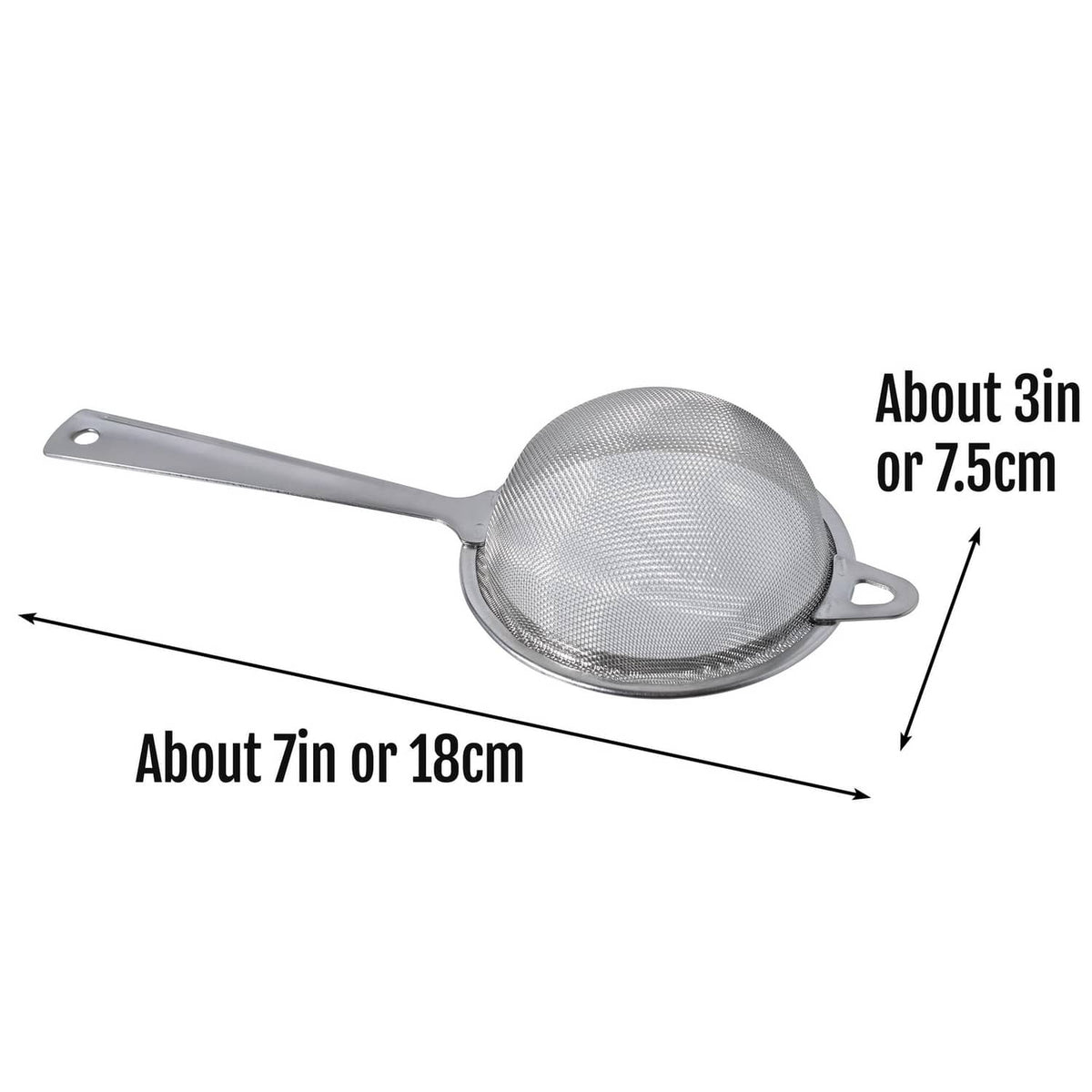 Stainless steel fine-mesh tea strainer with long handle and loop grips
