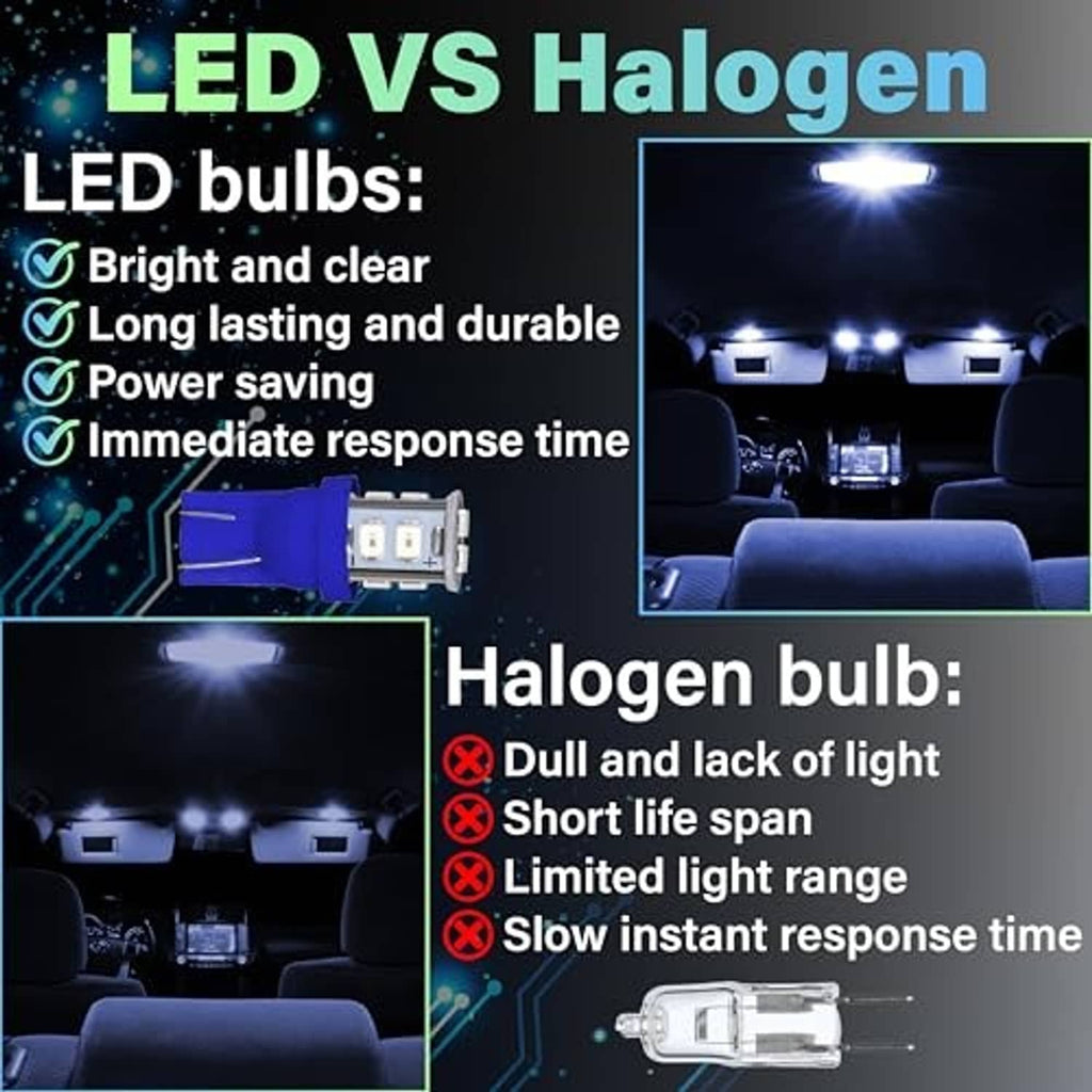 Blue LED dome light bulb with comparison graphic versus halogen bulb glow