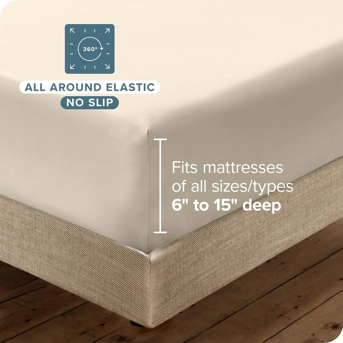 Cream fitted sheet corner with all-around elastic, snug bed skirt fit