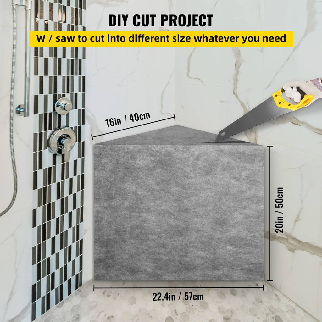 Gray triangular corner shower bench board ready to cut and tile, with measurements