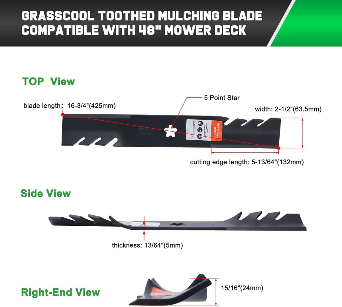 Toothed mulching mower blade dimensions diagram with 5-point star center hole
