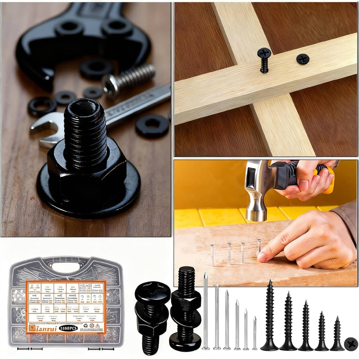 Assorted black screws and silver nails with hex nuts and washers on tabletop