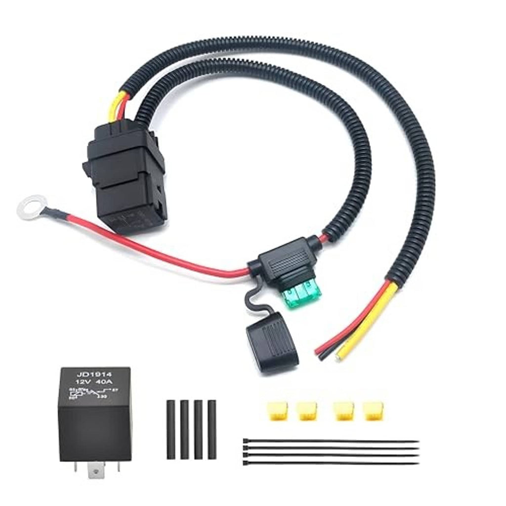 Fuel pump relay wiring harness kit with relay, spare terminals, and fuse leads
