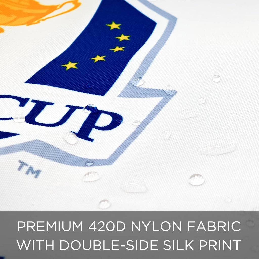 White golf flag close-up with Ryder Cup 2025 crest and large navy 18