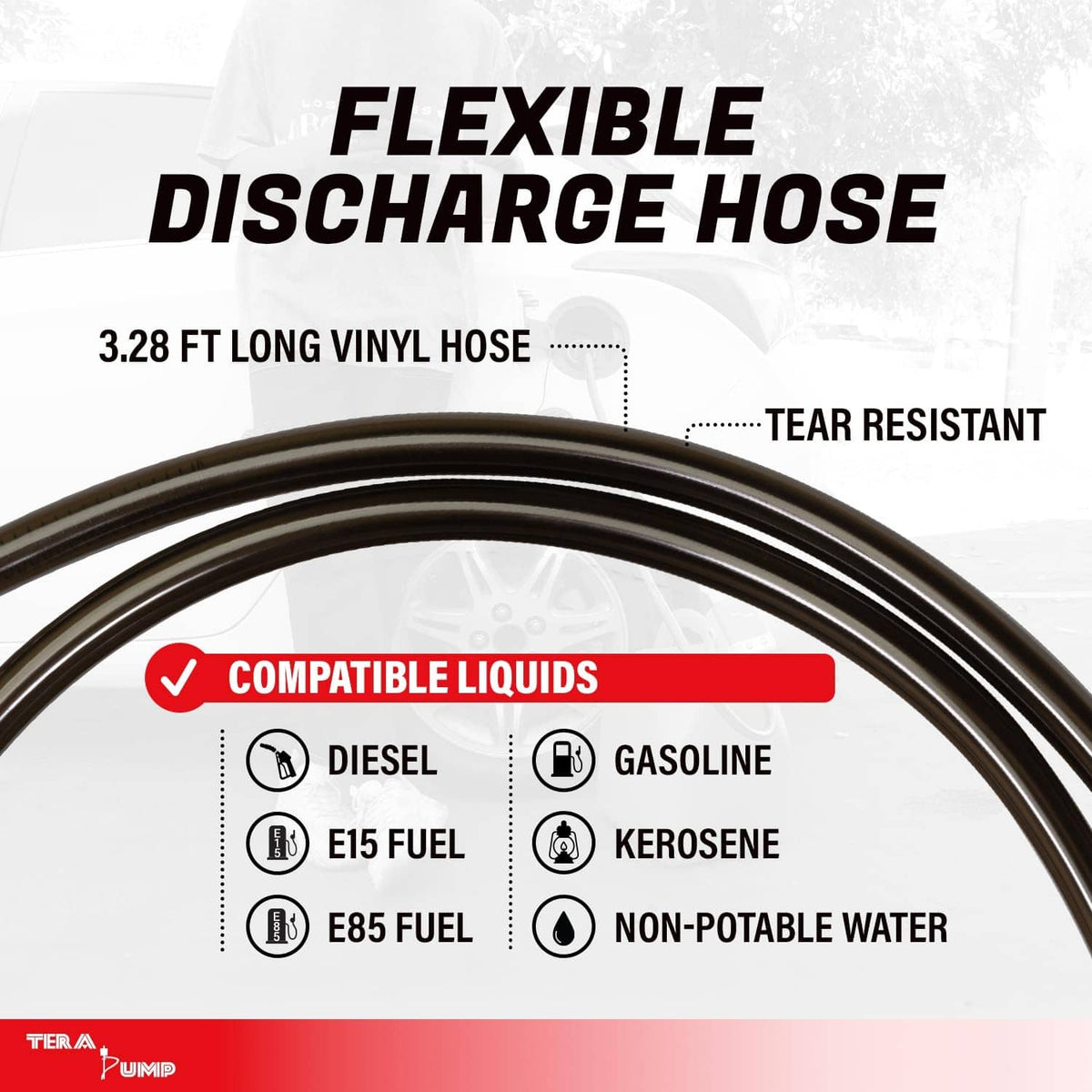 Flexible discharge fuel-transfer hose, 3.28 ft vinyl, tear-resistant