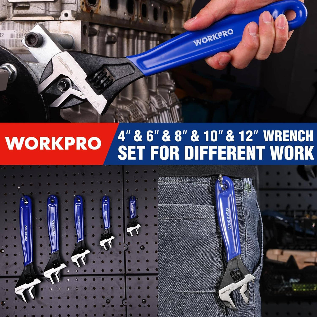 Hand holding blue adjustable wrench; set sizes shown on a workshop pegboard display