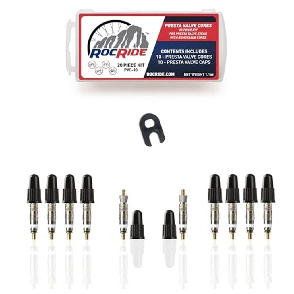 Presta valve core set: 10 black caps, multiple metal cores, plus removal tool.