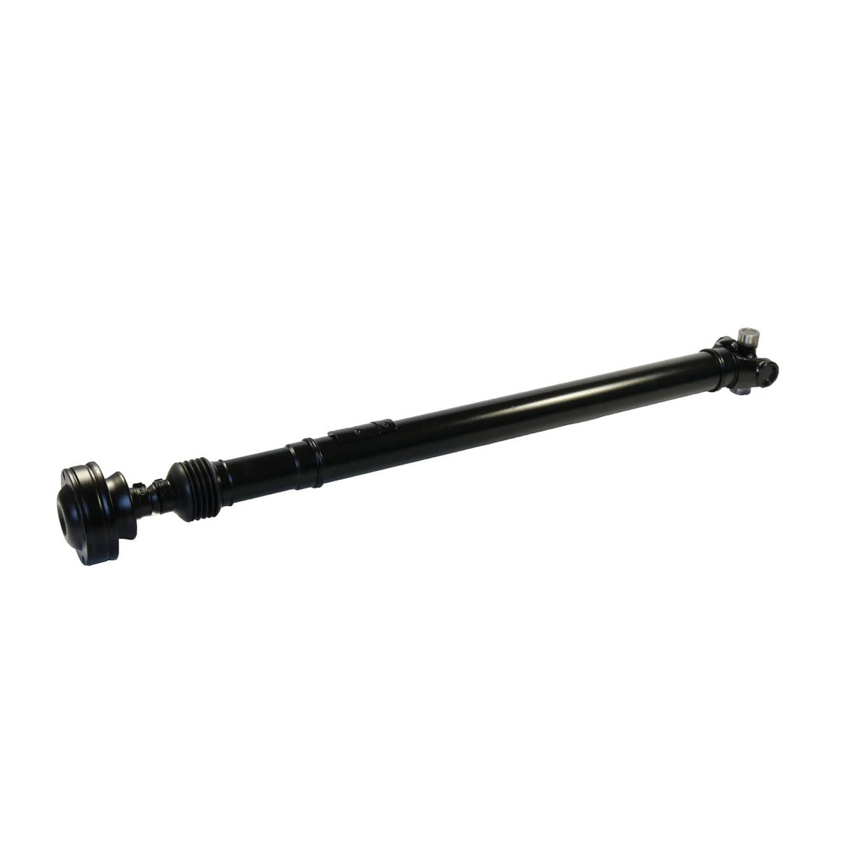 Front drive shaft propeller shaft, black with U-joint ends and cross hardware.